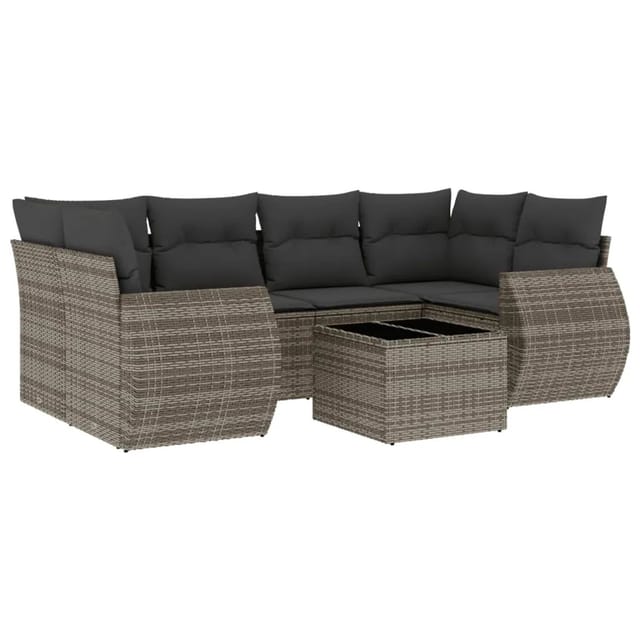 vidaXL 7-Tlg Garten-Sofagarnitur mit Kissen Grau Poly Rattan 3221119