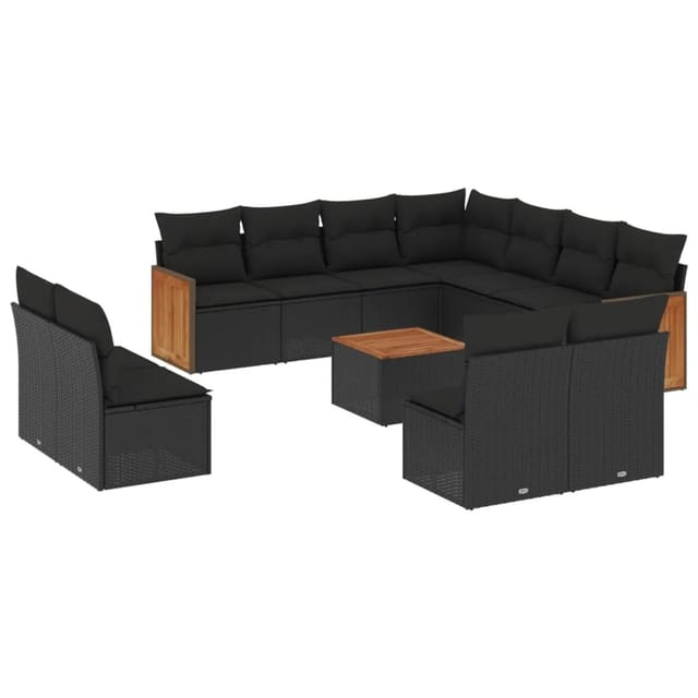 vidaXL 12-Tlg Garten-Sofagarnitur mit Kissen Schwarz Poly Rattan 3227770