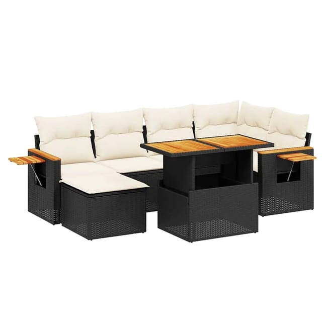 vidaXL 7-Tlg Garten-Sofagarnitur mit Kissen Schwarz Poly Rattan 3273618
