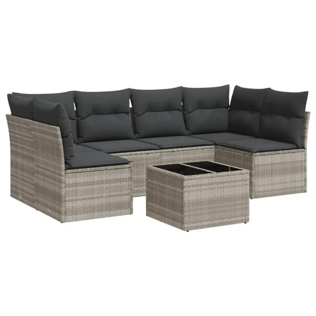 vidaXL 7-Tlg Garten-Sofagarnitur mit Kissen Hellgrau Poly Rattan 3217402