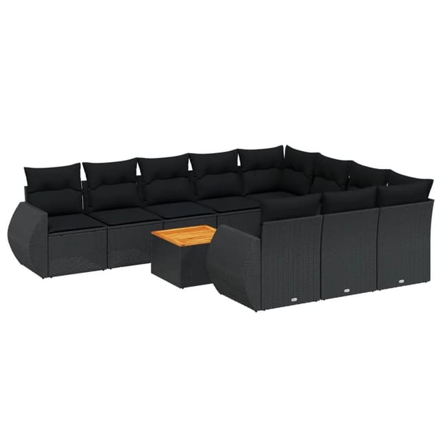 vidaXL 11-Tlg Garten-Sofagarnitur mit Kissen Schwarz Poly Rattan 3225180