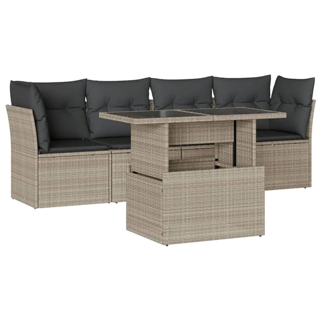 vidaXL 5-Tlg Garten-Sofagarnitur mit Kissen Hellgrau Poly Rattan 3266352