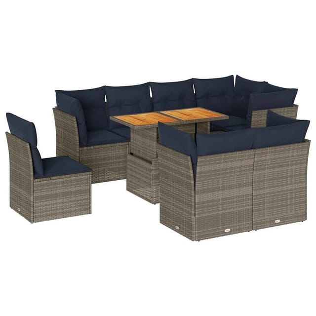 vidaXL 9-Tlg Garten-Sofagarnitur mit Kissen Grau Poly Rattan 3326945
