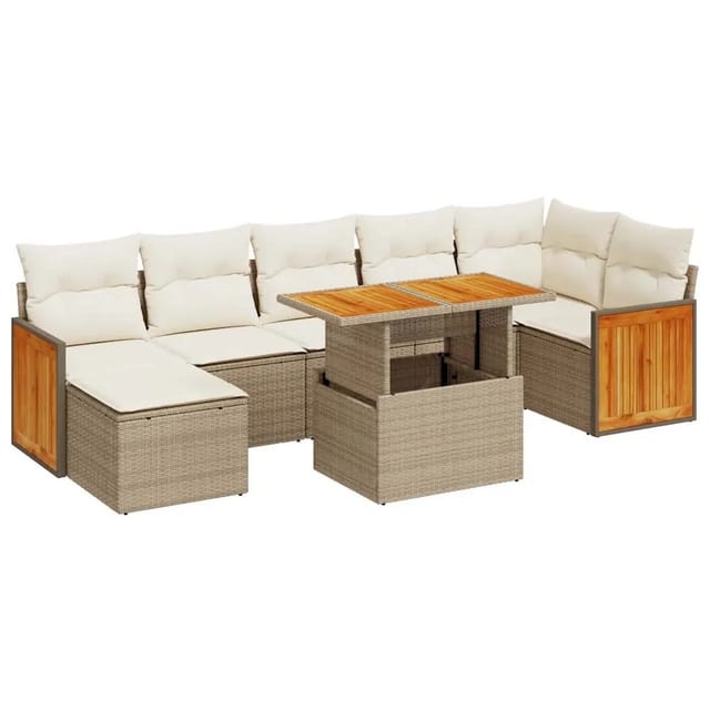 vidaXL 8-Tlg Garten-Sofagarnitur mit Kissen Beige Poly Rattan Akazie 3327740
