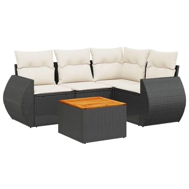 vidaXL 5-Tlg Garten-Sofagarnitur mit Kissen Schwarz Poly Rattan 3224985