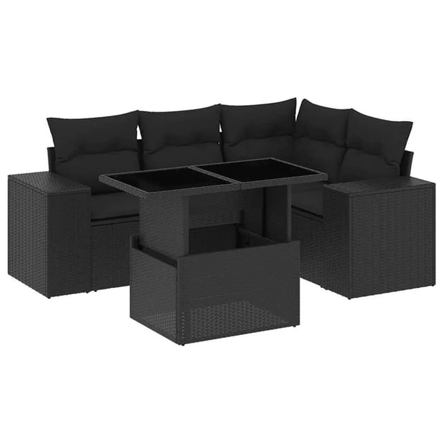 vidaXL 5-Tlg Garten-Sofagarnitur mit Kissen Schwarz Poly Rattan 3269135