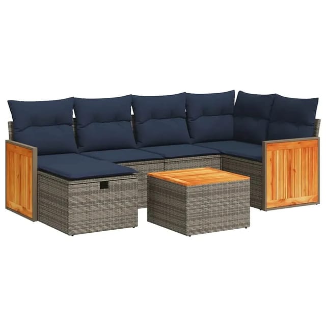 vidaXL 7-Tlg Garten-Sofagarnitur mit Kissen Grau Poly Rattan 3326037