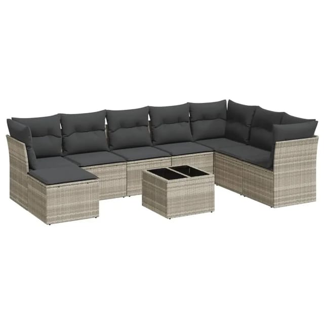 vidaXL 9-Tlg Garten-Sofagarnitur mit Kissen Hellgrau Poly Rattan 3218062