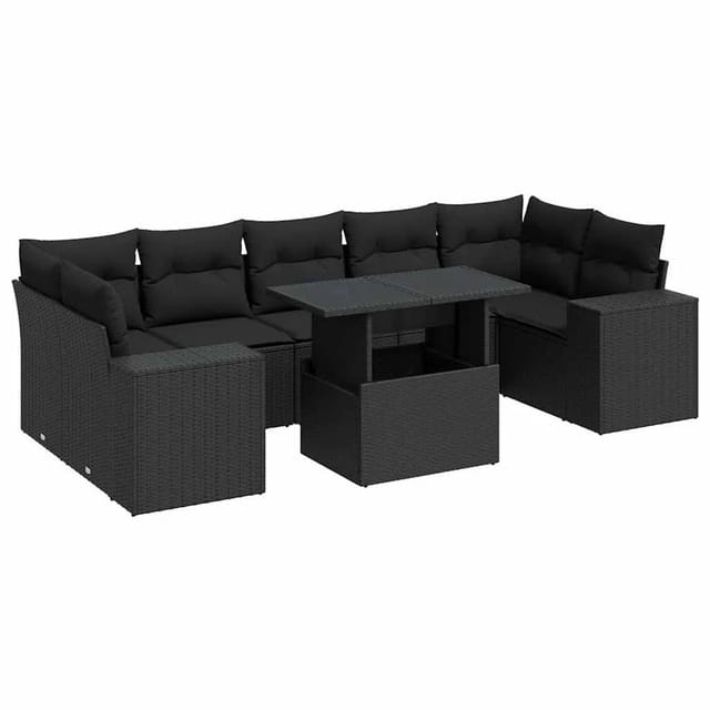vidaXL 8-Tlg Garten-Sofagarnitur mit Kissen Schwarz Poly Rattan 3326756