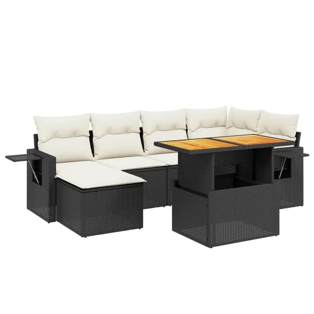 vidaXL 7-Tlg Garten-Sofagarnitur mit Kissen Schwarz Poly Rattan 3271854