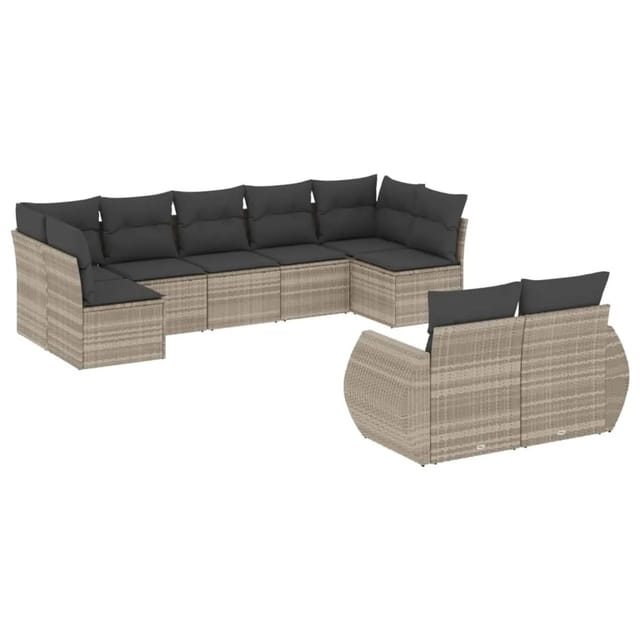 vidaXL 9-Tlg Garten-Sofagarnitur mit Kissen Hellgrau Poly Rattan 3254159