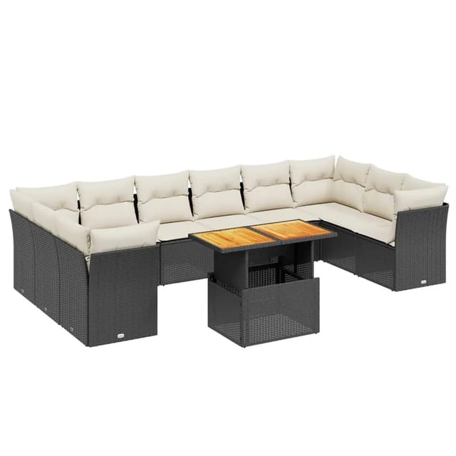 vidaXL 11-Tlg Garten-Sofagarnitur mit Kissen Schwarz Poly Rattan 3271021
