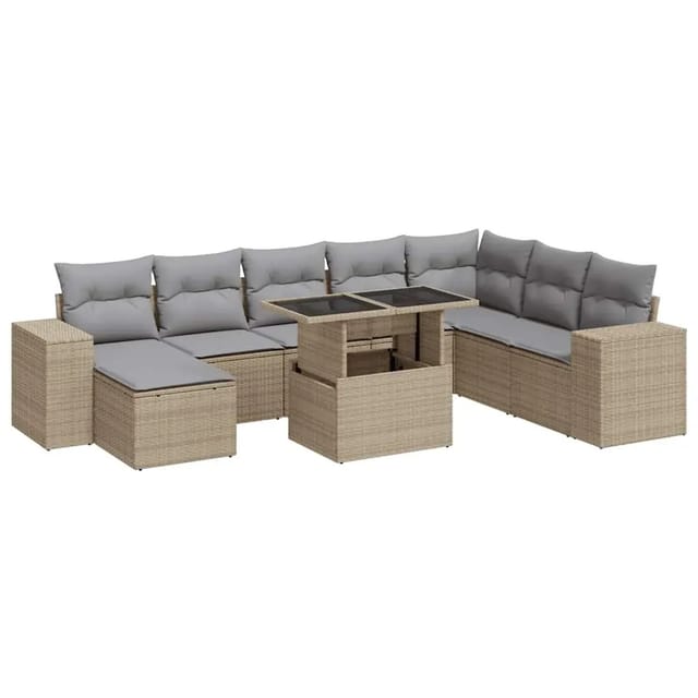vidaXL 9-Tlg Garten-Sofagarnitur mit Kissen Beige Poly Rattan 3326850