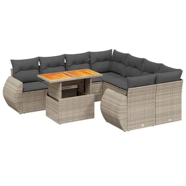 vidaXL 9-Tlg Garten-Sofagarnitur mit Kissen Grau Poly Rattan 3272124