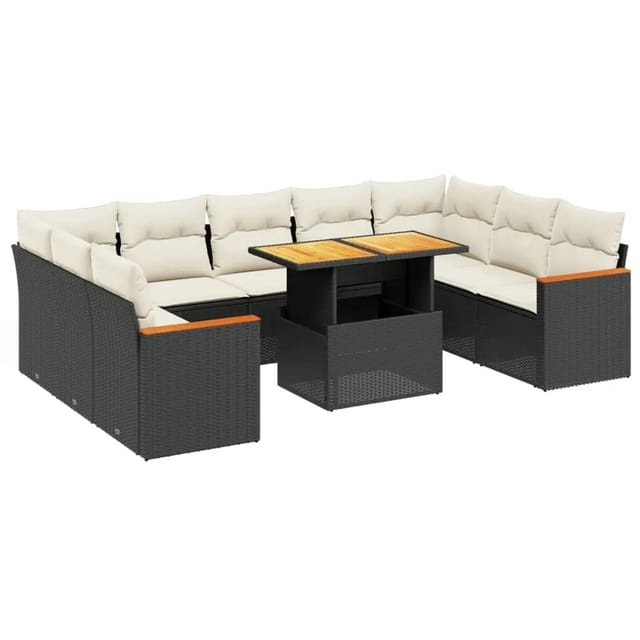 vidaXL 10-Tlg Garten-Sofagarnitur mit Kissen Schwarz Poly Rattan 3273219
