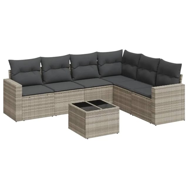 vidaXL 7-Tlg Garten-Sofagarnitur mit Kissen Hellgrau Poly Rattan 3219012