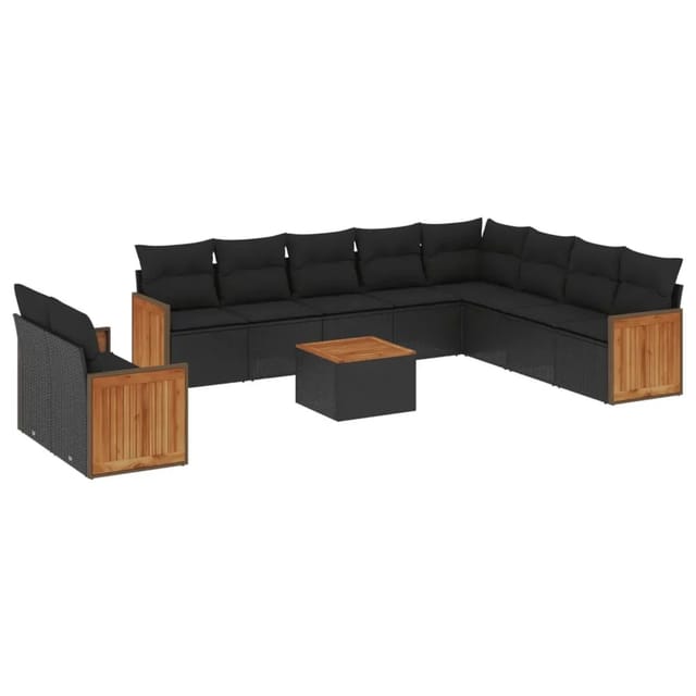 vidaXL 11-Tlg Garten-Sofagarnitur mit Kissen Schwarz Poly Rattan 3227798