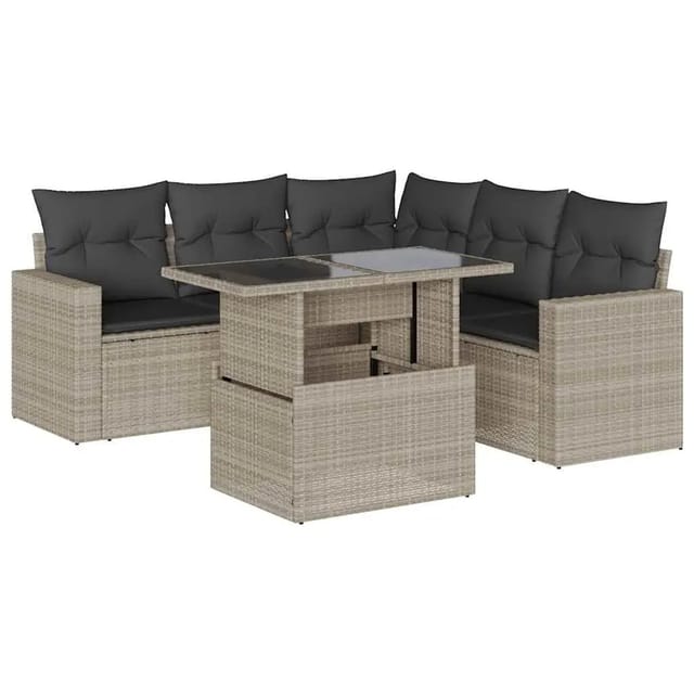 vidaXL 6-Tlg Garten-Sofagarnitur mit Kissen Hellgrau Poly Rattan 3267272