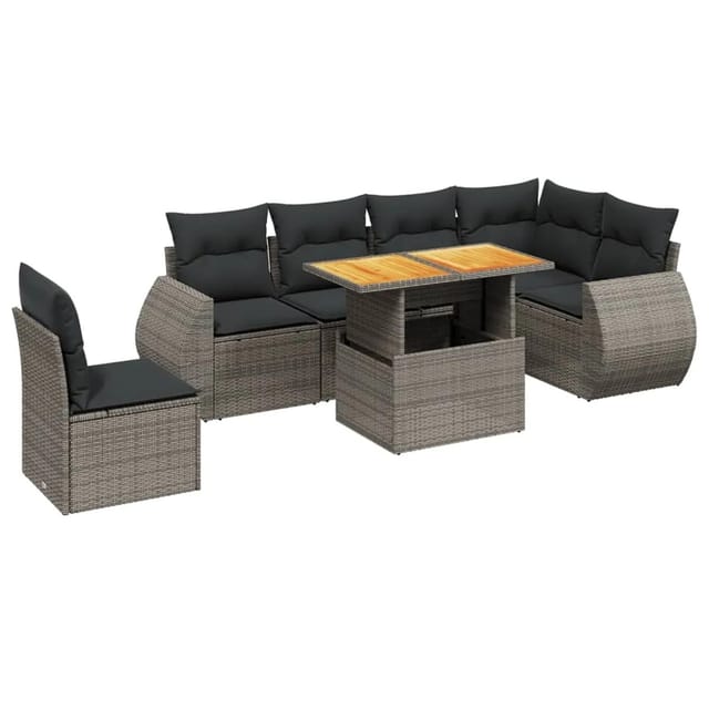 vidaXL 7-Tlg Garten-Sofagarnitur mit Kissen Grau Poly Rattan 3272222