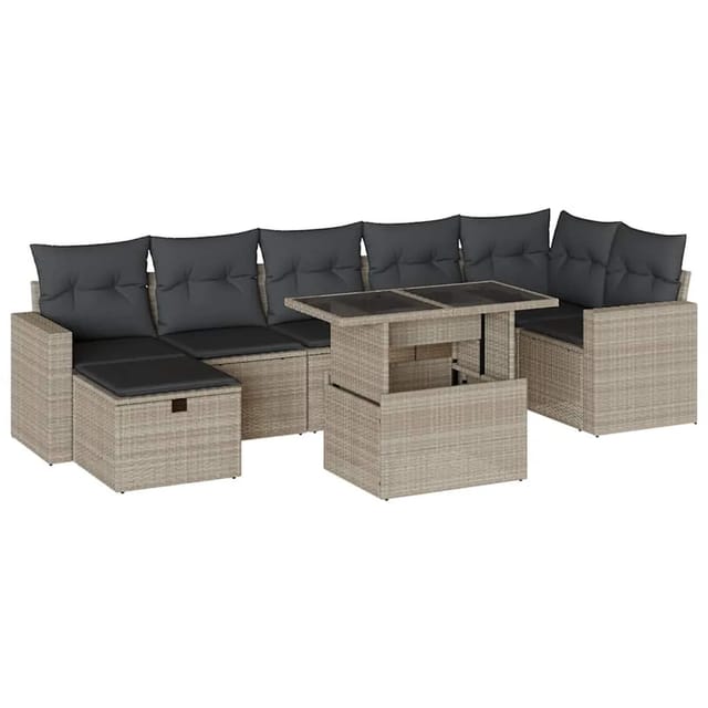 vidaXL 8-Tlg Garten-Sofagarnitur mit Kissen Hellgrau Poly Rattan 3274832