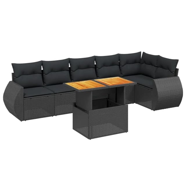 vidaXL 7-Tlg Garten-Sofagarnitur mit Kissen Schwarz Poly Rattan 3272203