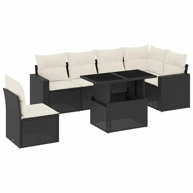 vidaXL 7-Tlg Garten-Sofagarnitur mit Kissen Schwarz Poly Rattan 3267306