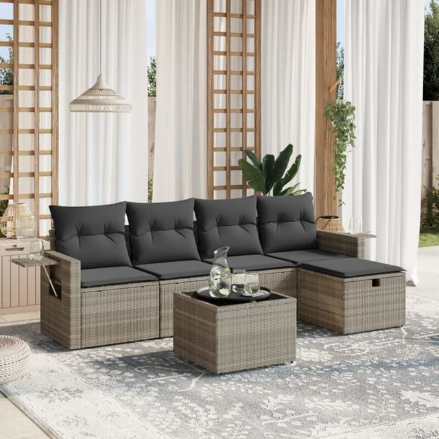 vidaXL 6-Tlg Garten-Sofagarnitur mit Kissen Hellgrau Poly Rattan 3263788