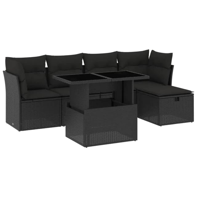 vidaXL 6-Tlg Garten-Sofagarnitur mit Kissen Schwarz Poly Rattan 3274635