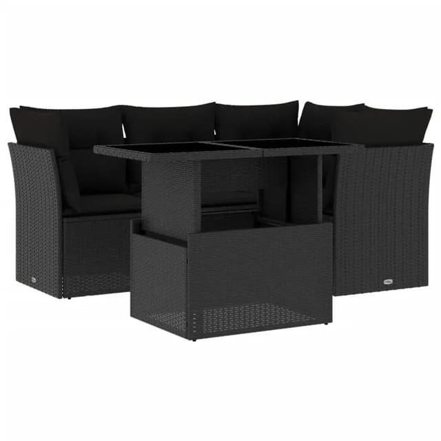 vidaXL 5-Tlg Garten-Sofagarnitur mit Kissen Schwarz Poly Rattan 3266555