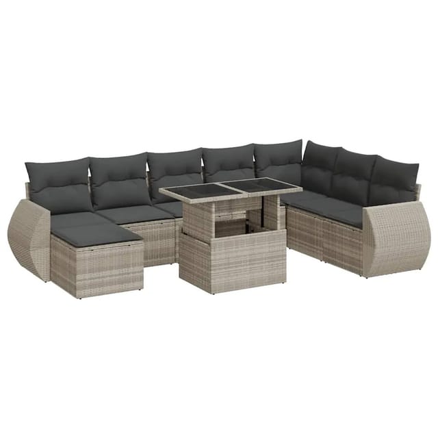 vidaXL 9-Tlg Garten-Sofagarnitur mit Kissen Hellgrau Poly Rattan 3326693