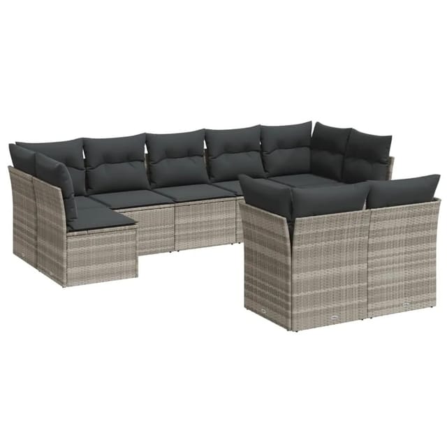 vidaXL 9-Tlg Garten-Sofagarnitur mit Kissen Hellgrau Poly Rattan 3218152