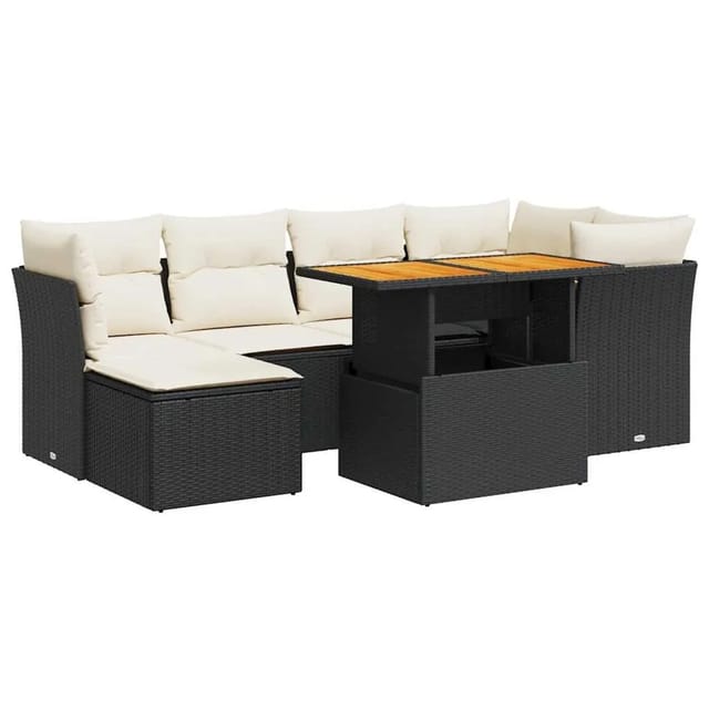 vidaXL 7-Tlg Garten-Sofagarnitur mit Kissen Schwarz Poly Rattan 3326947