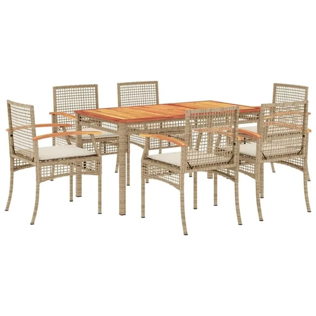vidaXL 7-Tlg Garten-Essgruppe mit Kissen Beige Poly Rattan 3213581