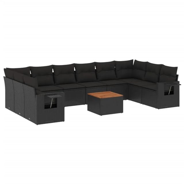 vidaXL 11-Tlg Garten-Sofagarnitur mit Kissen Schwarz Poly Rattan 3257063