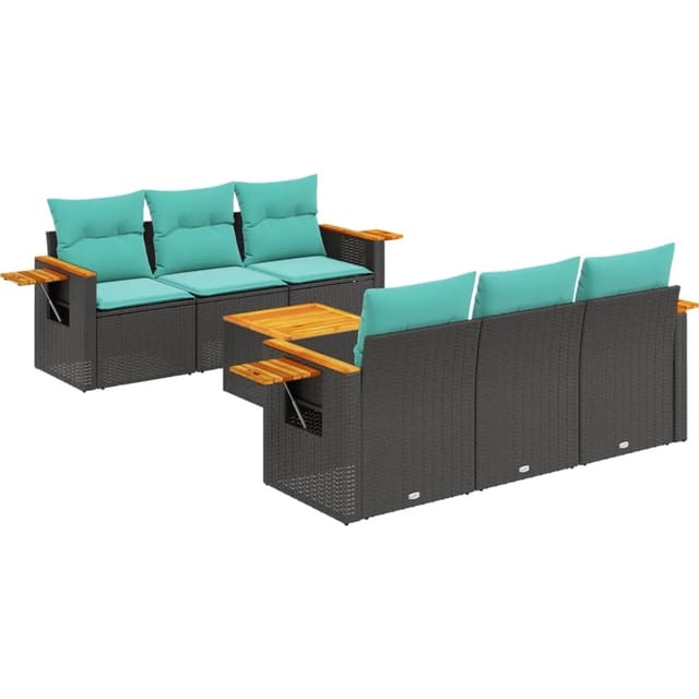 vidaXL 7-Tlg Garten-Sofagarnitur mit Kissen Schwarz Poly Rattan 3226631