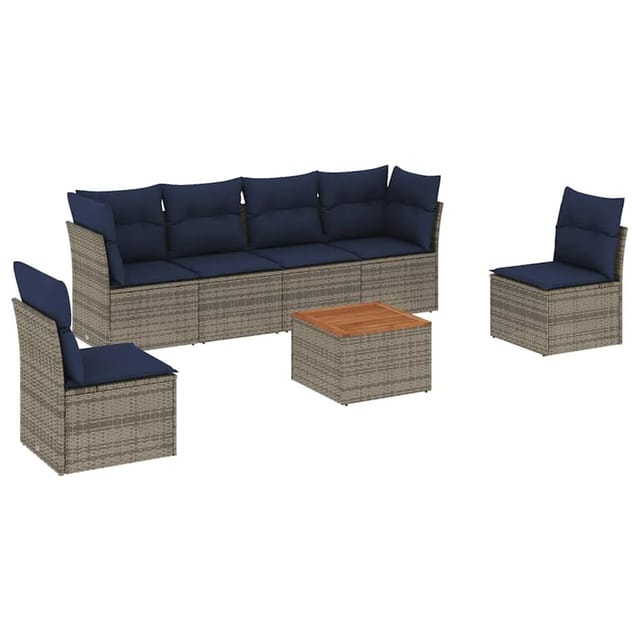 vidaXL 7-Tlg Garten-Sofagarnitur mit Kissen Grau Poly Rattan 3255886