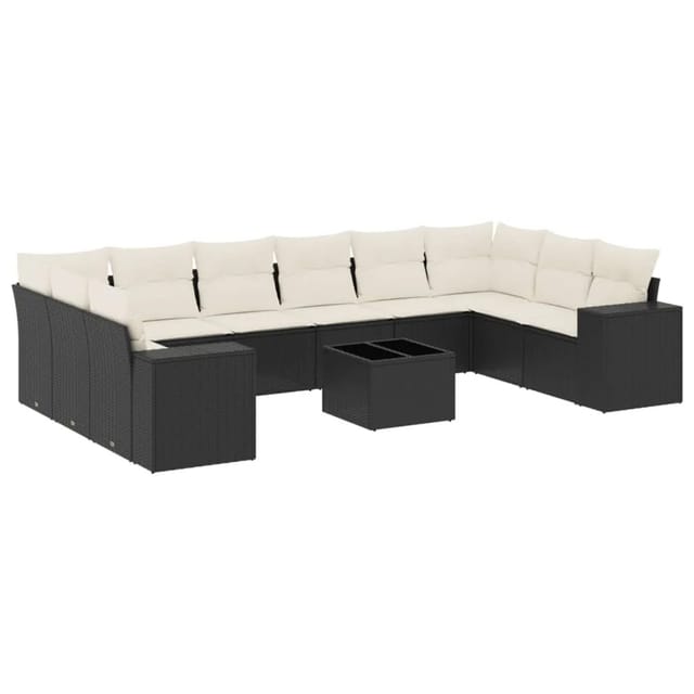 vidaXL 11-Tlg Garten-Sofagarnitur mit Kissen Schwarz Poly Rattan 3255413