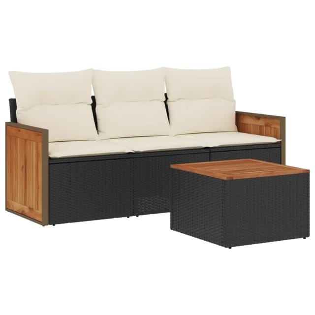 vidaXL 4-Tlg Garten-Sofagarnitur mit Kissen Schwarz Poly Rattan 3259844
