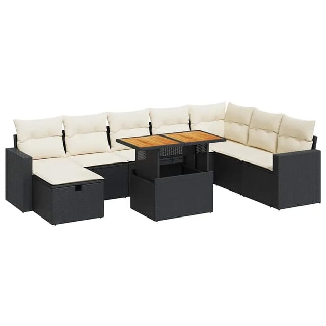vidaXL 9-Tlg Garten-Sofagarnitur mit Kissen Schwarz Poly Rattan 3328015