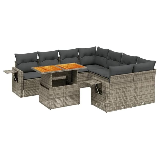 vidaXL 9-Tlg Garten-Sofagarnitur mit Kissen Grau Poly Rattan 3271683