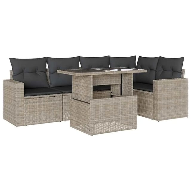 vidaXL 6-Tlg Garten-Sofagarnitur mit Kissen Hellgrau Poly Rattan 3267262