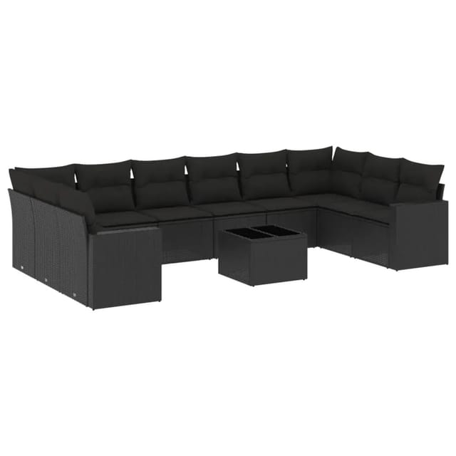 vidaXL 11-Tlg Garten-Sofagarnitur mit Kissen Schwarz Poly Rattan 3219465