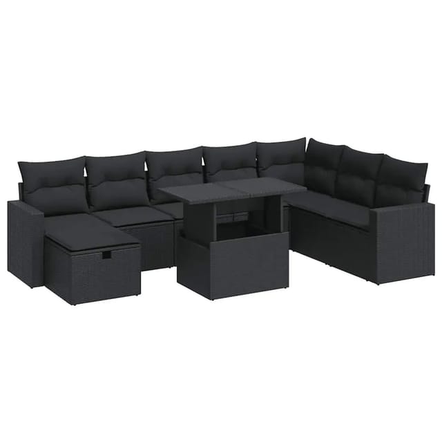 vidaXL 9-Tlg Garten-Sofagarnitur mit Kissen Schwarz Poly Rattan 3327835