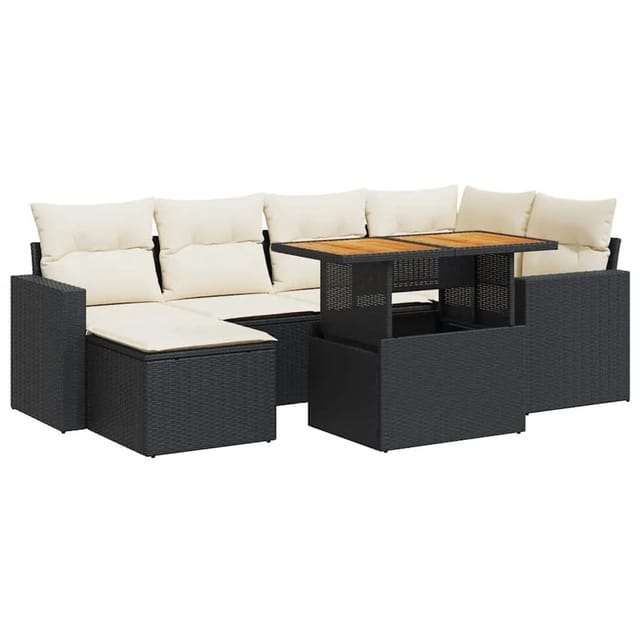 vidaXL 7-Tlg Garten-Sofagarnitur mit Kissen Schwarz Poly Rattan 3327059