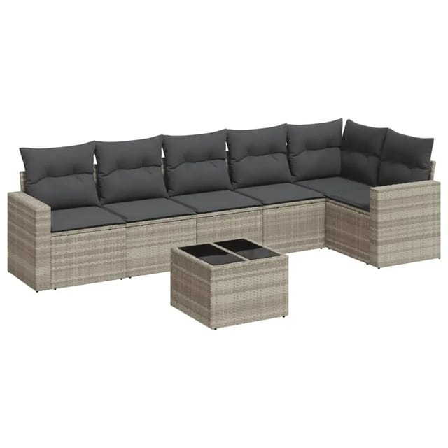 vidaXL 7-Tlg Garten-Sofagarnitur mit Kissen Hellgrau Poly Rattan 3218992