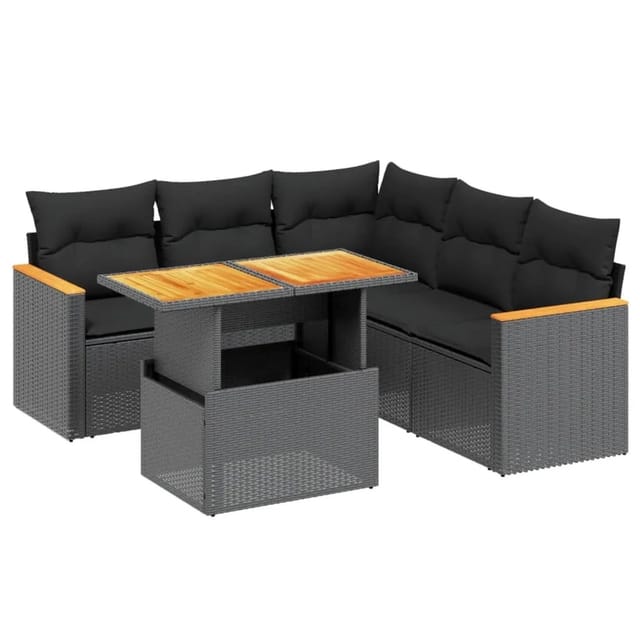 vidaXL 6-Tlg Garten-Sofagarnitur mit Kissen Schwarz Poly Rattan 3273071