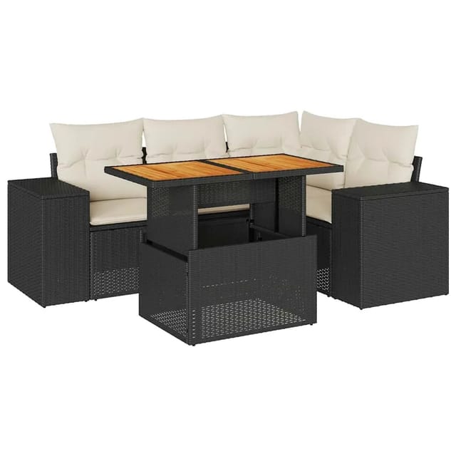 vidaXL 5-Tlg Garten-Sofagarnitur mit Kissen Schwarz Poly Rattan 3327367