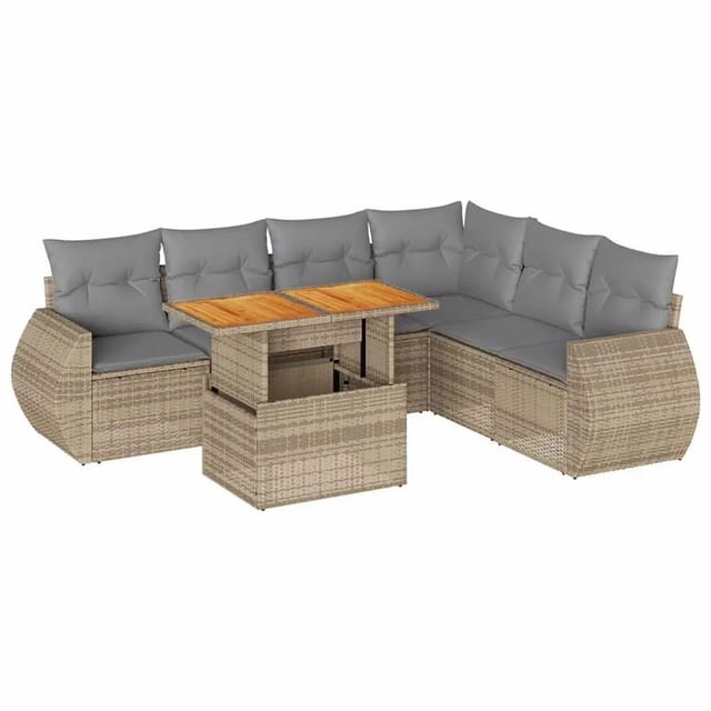 vidaXL 7-Tlg Garten-Sofagarnitur mit Kissen Beige Poly Rattan 3327272