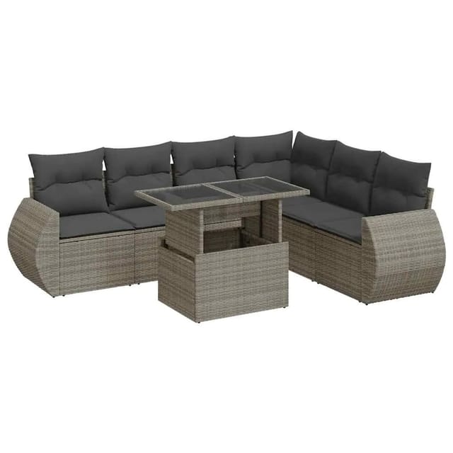 vidaXL 7-Tlg Garten-Sofagarnitur mit Kissen Grau Poly Rattan 3326651