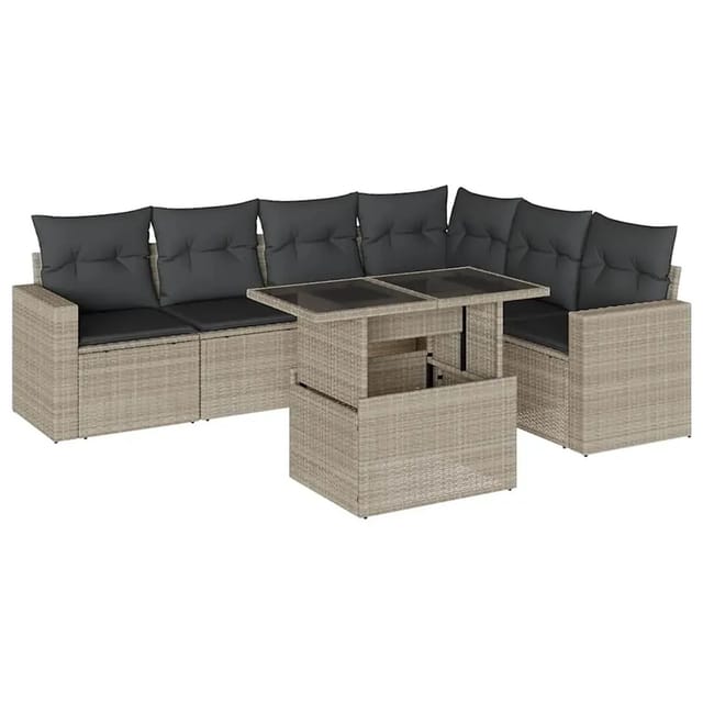 vidaXL 7-Tlg Garten-Sofagarnitur mit Kissen Hellgrau Poly Rattan 3267302